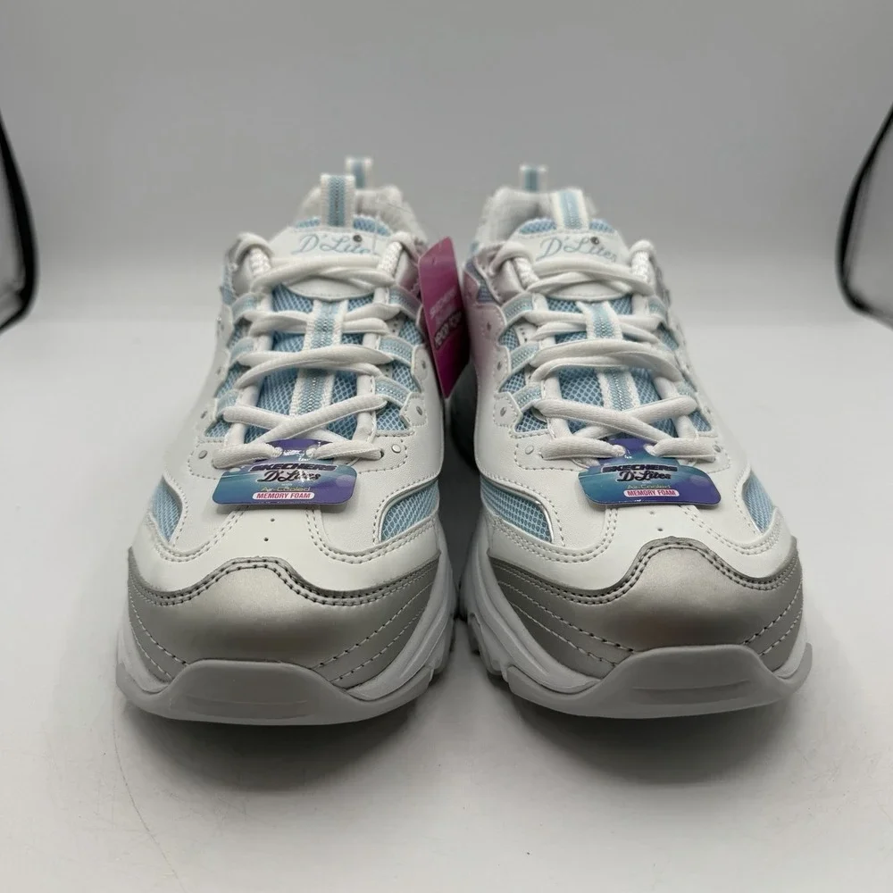 Skechers D'Lites Chromatic Shoes Womens Sz‎ 9.5 White/Silver/Light Blue Sneakers